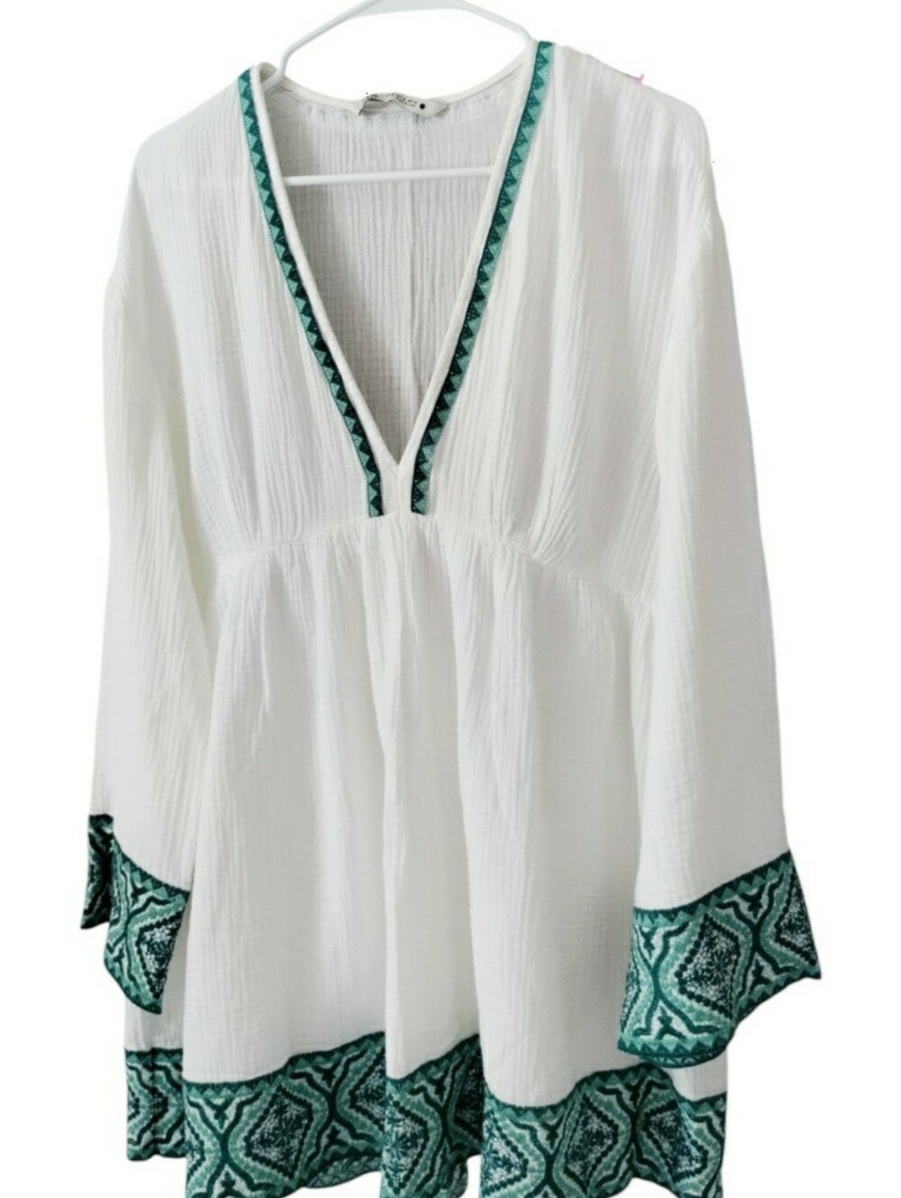 Zara Woven Cotton Boho Mini Dress Embroidered Long Sleeve